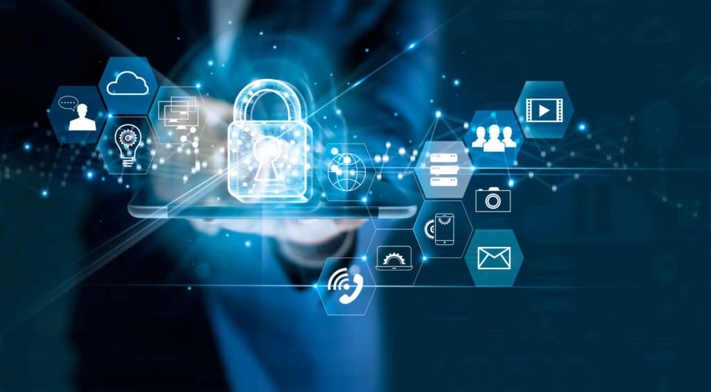 Data protection privacy concept. GDPR. EU. Cyber security network. Business man protecting data personal information on tablet. Padlock icon and internet technology networking connection on digital dark blue background. Data protection privacy concept. GDPR. EU. Cyber security network. Business man protecting data personal information on tablet. Padlock icon and internet technology networking connection on digital dark blue background.