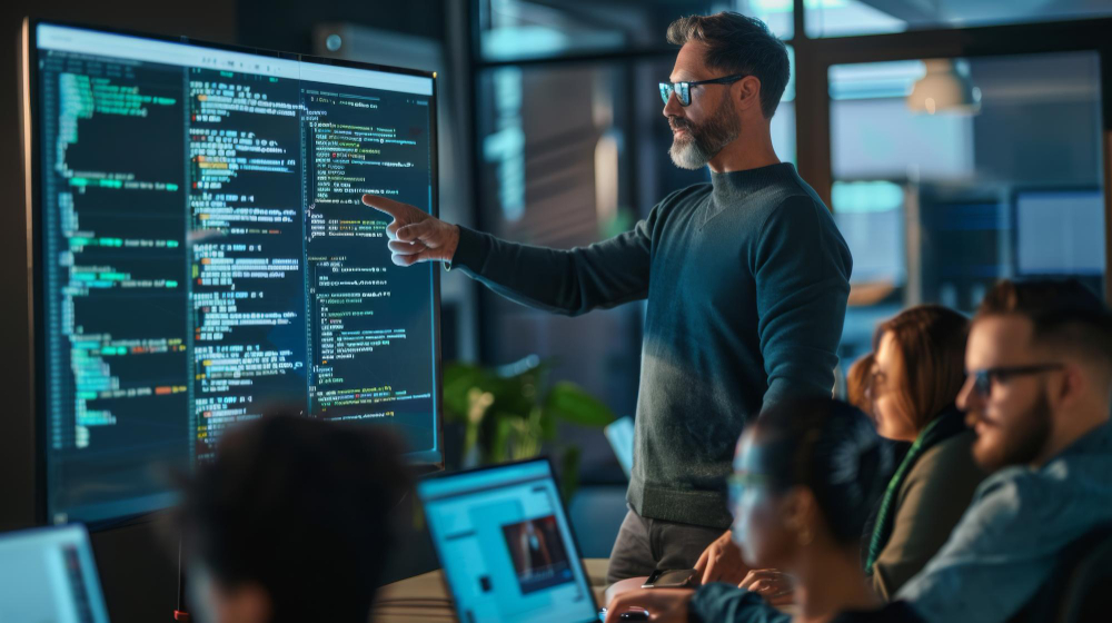 A software developer pointing at a screen with code, representing the technical expertise of the SmartAssessor team.